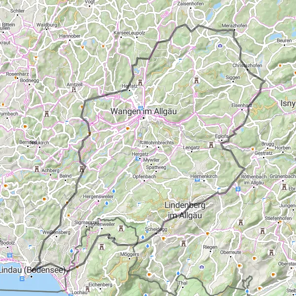 Karten-Miniaturansicht der Radinspiration "Rundtour von Weißensberg nach Rickenbach" in Schwaben, Germany. Erstellt vom Tarmacs.app-Routenplaner für Radtouren
