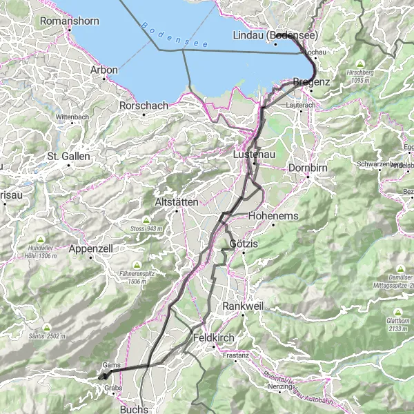 Map miniature of "Lake Constance Discovery" cycling inspiration in Schwaben, Germany. Generated by Tarmacs.app cycling route planner