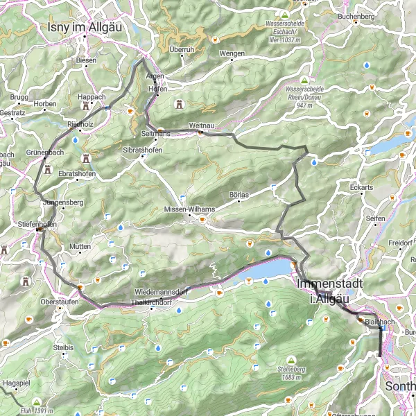 Karten-Miniaturansicht der Radinspiration "Panoramablicke und Herausforderungen auf 72 km" in Schwaben, Germany. Erstellt vom Tarmacs.app-Routenplaner für Radtouren