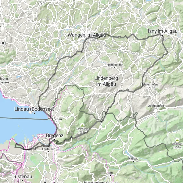 Map miniature of "Scenic Tour of Bregenz and Neuravensburg" cycling inspiration in Schwaben, Germany. Generated by Tarmacs.app cycling route planner
