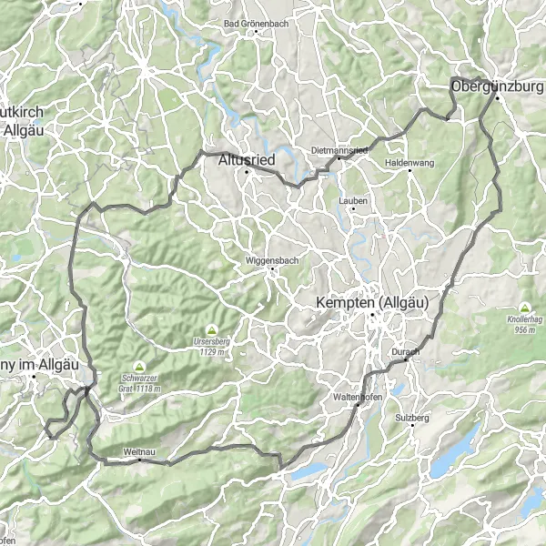 Karten-Miniaturansicht der Radinspiration "Adrenalin pur auf 109 km" in Schwaben, Germany. Erstellt vom Tarmacs.app-Routenplaner für Radtouren