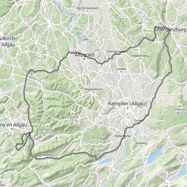 Map miniature of "The Allgäu Adventure" cycling inspiration in Schwaben, Germany. Generated by Tarmacs.app cycling route planner