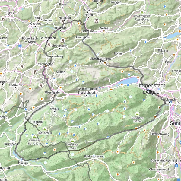 Karten-Miniaturansicht der Radinspiration "Hochgratblick und Kapelle Rundweg" in Schwaben, Germany. Erstellt vom Tarmacs.app-Routenplaner für Radtouren
