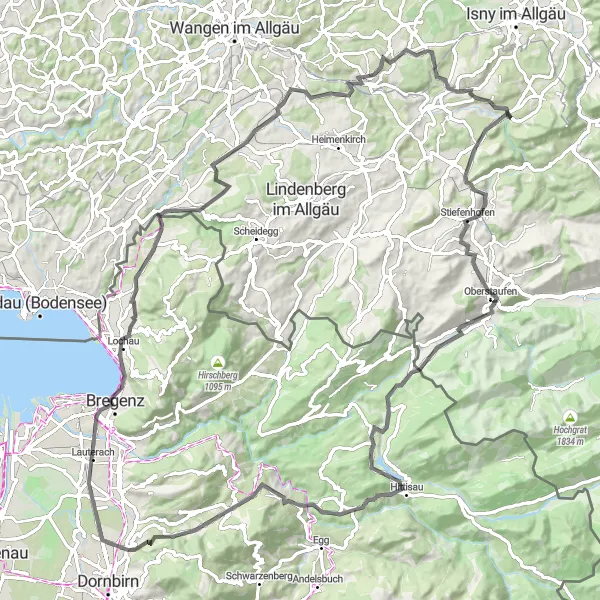 Map miniature of "The Majestic Alps" cycling inspiration in Schwaben, Germany. Generated by Tarmacs.app cycling route planner
