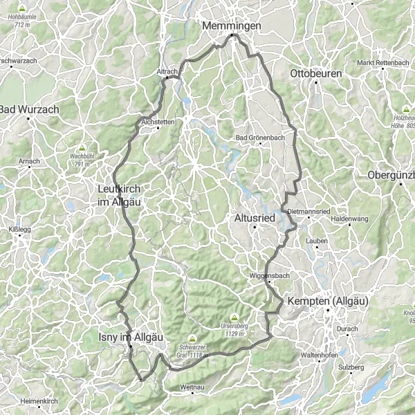 Map miniature of "The Isny Explorer" cycling inspiration in Schwaben, Germany. Generated by Tarmacs.app cycling route planner