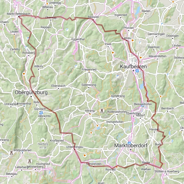 Map miniature of "Allgäu Alps Gravel Challenge" cycling inspiration in Schwaben, Germany. Generated by Tarmacs.app cycling route planner