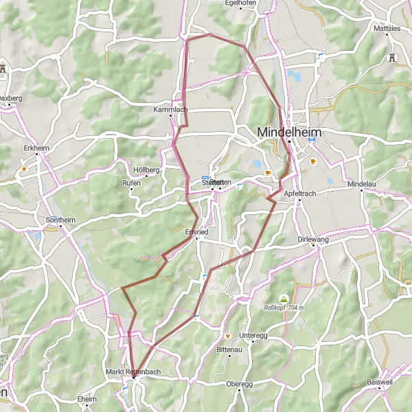 Map miniature of "Markt Rettenbach - Hochfirst - Erisried - Kammlach - Mindelheim - Erlis" cycling inspiration in Schwaben, Germany. Generated by Tarmacs.app cycling route planner