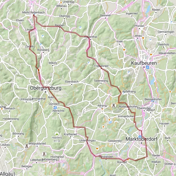 Map miniature of "Sky and Forest Gravel Adventure" cycling inspiration in Schwaben, Germany. Generated by Tarmacs.app cycling route planner