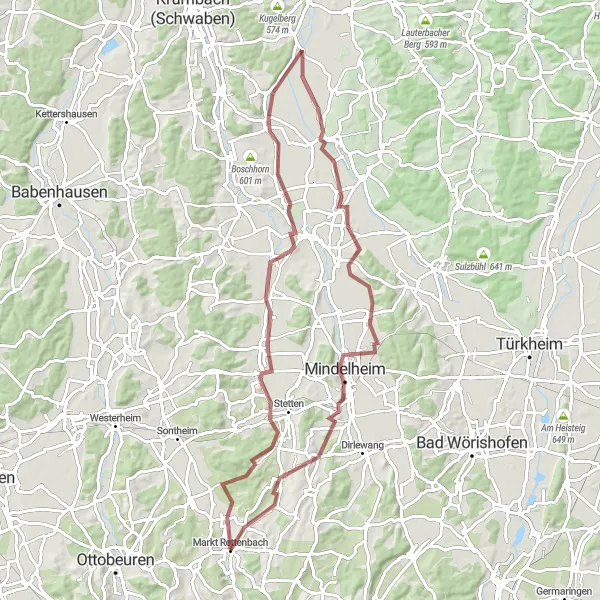 Map miniature of "Discover the Hidden Gems of Schwaben by Gravel" cycling inspiration in Schwaben, Germany. Generated by Tarmacs.app cycling route planner