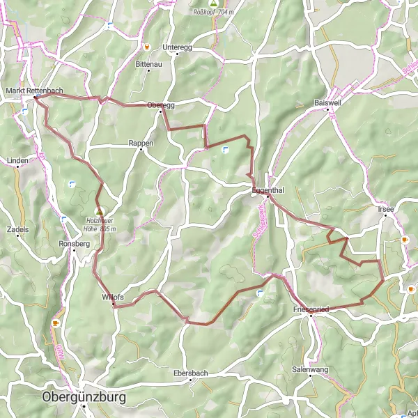 Map miniature of "Gorgeous Landscapes and Sweeping Views Gravel Tour" cycling inspiration in Schwaben, Germany. Generated by Tarmacs.app cycling route planner