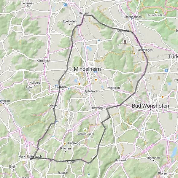 Map miniature of "Hidden Gems of Schwaben" cycling inspiration in Schwaben, Germany. Generated by Tarmacs.app cycling route planner