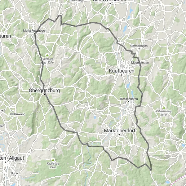 Map miniature of "Markt Rettenbach - Unteregg - Pforzen - Mauerstetten - Burk - Auf der Naßleithe - Unterthingau - Obergünzburg - Engetried" cycling inspiration in Schwaben, Germany. Generated by Tarmacs.app cycling route planner