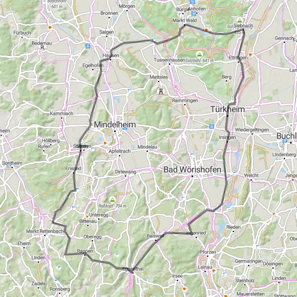 Map miniature of "Markt Rettenbach - Erlis - Heinzenhof - Schnerzhofer Weiher - Siebnach - Türkheim - Baisweil - Windenberg" cycling inspiration in Schwaben, Germany. Generated by Tarmacs.app cycling route planner