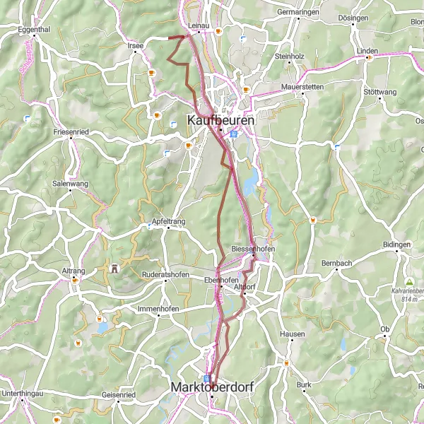 Map miniature of "Short Scenic Gravel Ride from Marktoberdorf" cycling inspiration in Schwaben, Germany. Generated by Tarmacs.app cycling route planner
