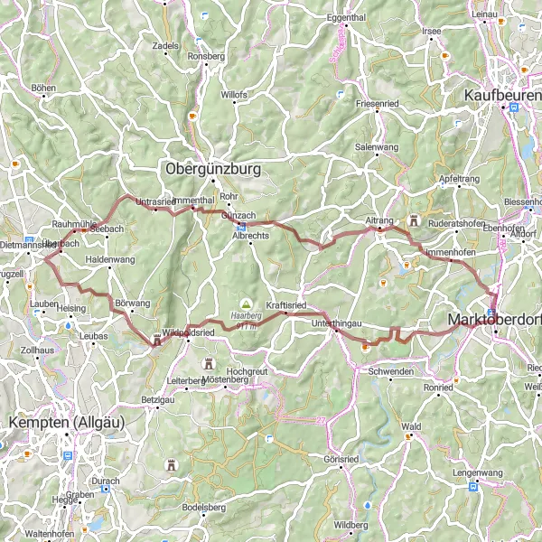 Map miniature of "Gravel Adventure near Marktoberdorf" cycling inspiration in Schwaben, Germany. Generated by Tarmacs.app cycling route planner