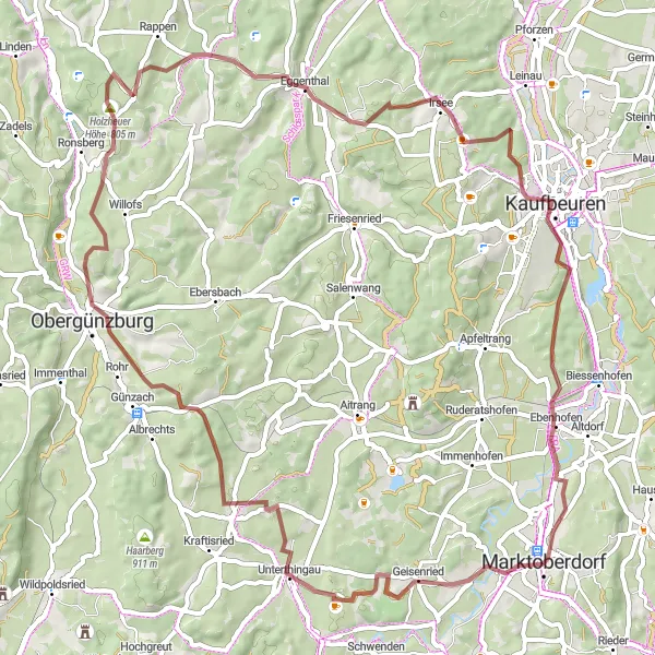 Map miniature of "Scenic Gravel Route to Kaufbeuren from Marktoberdorf" cycling inspiration in Schwaben, Germany. Generated by Tarmacs.app cycling route planner