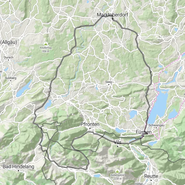 Map miniature of "Marktoberdorf Loop" cycling inspiration in Schwaben, Germany. Generated by Tarmacs.app cycling route planner