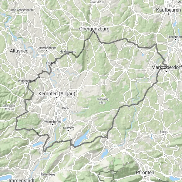 Karten-Miniaturansicht der Radinspiration "Umfangreiche Tour von Görisried nach Ennenhofen" in Schwaben, Germany. Erstellt vom Tarmacs.app-Routenplaner für Radtouren