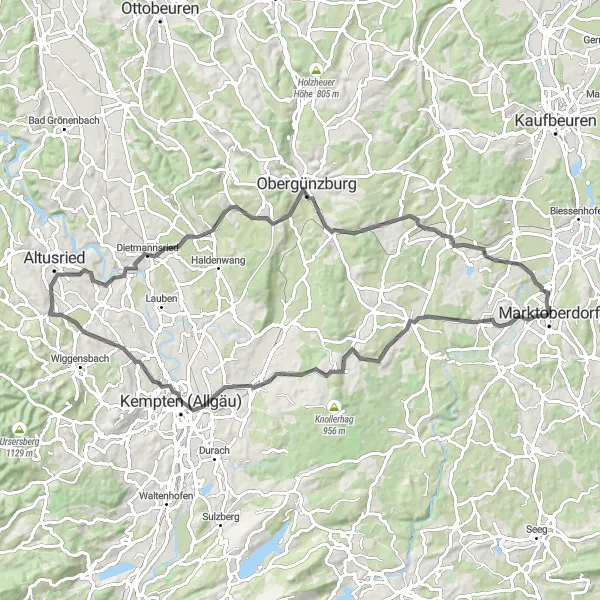Map miniature of "Charming Tour through Marktoberdorf and Kempten (Allgäu)" cycling inspiration in Schwaben, Germany. Generated by Tarmacs.app cycling route planner