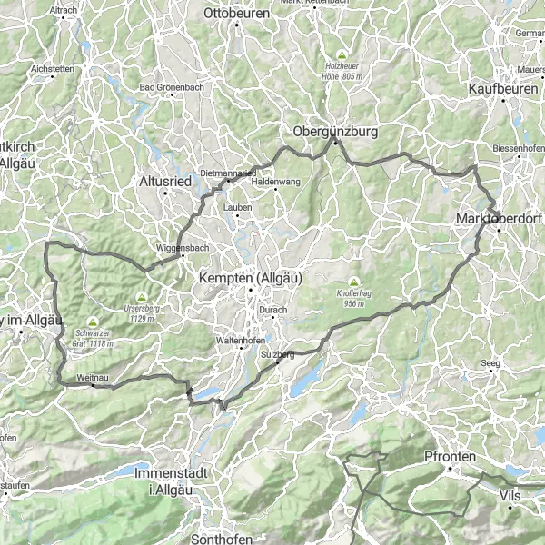 Map miniature of "Ultimate Road Cycling Adventure from Marktoberdorf" cycling inspiration in Schwaben, Germany. Generated by Tarmacs.app cycling route planner
