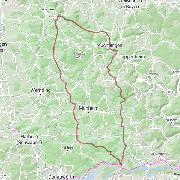Karten-Miniaturansicht der Radinspiration "Marxheim - Langenaltheim Gravel Route" in Schwaben, Germany. Erstellt vom Tarmacs.app-Routenplaner für Radtouren