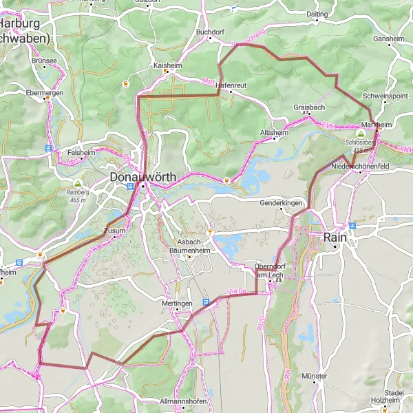 Karten-Miniaturansicht der Radinspiration "Ruhe und Natur pur: Gravel-Tour um Marxheim" in Schwaben, Germany. Erstellt vom Tarmacs.app-Routenplaner für Radtouren