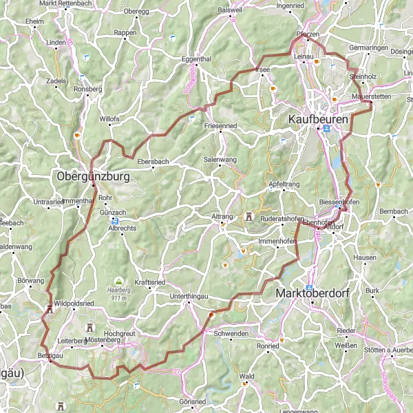 Map miniature of "Gravel Adventure - Geisenried Circuit" cycling inspiration in Schwaben, Germany. Generated by Tarmacs.app cycling route planner
