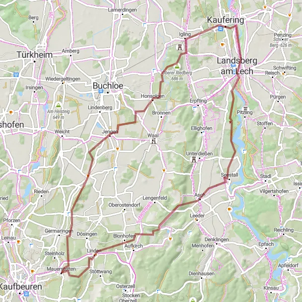 Map miniature of "Landsberg am Lech Exploration" cycling inspiration in Schwaben, Germany. Generated by Tarmacs.app cycling route planner