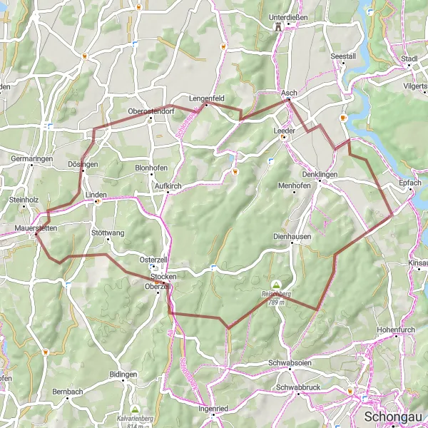 Map miniature of "Exploring Bavarian Gravel Paths" cycling inspiration in Schwaben, Germany. Generated by Tarmacs.app cycling route planner