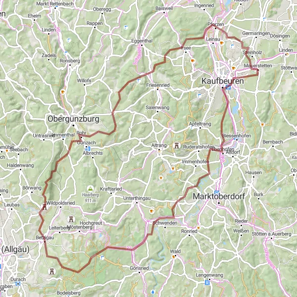 Map miniature of "Günzach and Betzigau Adventure" cycling inspiration in Schwaben, Germany. Generated by Tarmacs.app cycling route planner
