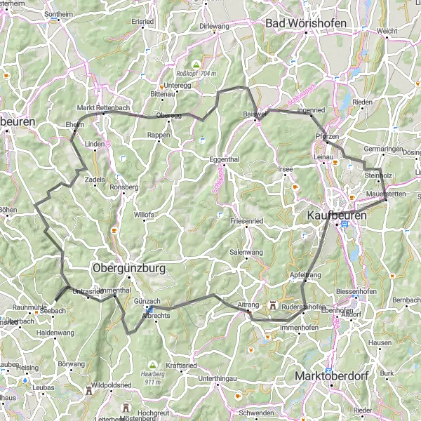 Map miniature of "Kaufbeuren Adventure Loop" cycling inspiration in Schwaben, Germany. Generated by Tarmacs.app cycling route planner