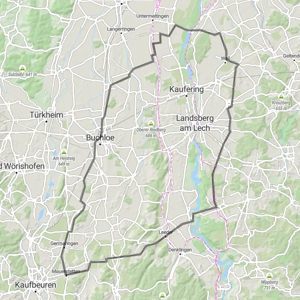 Map miniature of "Bavarian Scenic Route" cycling inspiration in Schwaben, Germany. Generated by Tarmacs.app cycling route planner