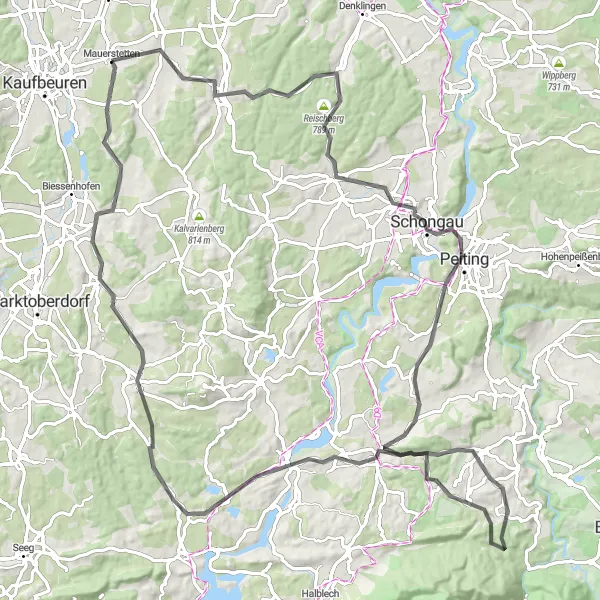 Map miniature of "Royal Bavarian Adventure" cycling inspiration in Schwaben, Germany. Generated by Tarmacs.app cycling route planner