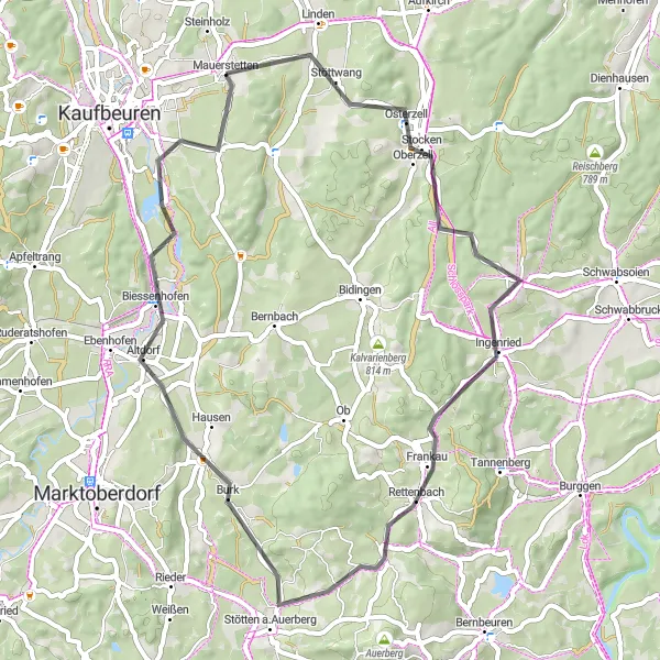 Map miniature of "Osterzell Round-Trip Cycling Route" cycling inspiration in Schwaben, Germany. Generated by Tarmacs.app cycling route planner