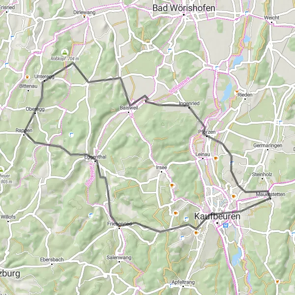 Map miniature of "Kaufbeuren Loop" cycling inspiration in Schwaben, Germany. Generated by Tarmacs.app cycling route planner