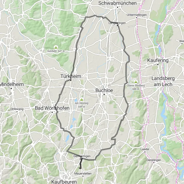 Map miniature of "Mauerstetten Loop" cycling inspiration in Schwaben, Germany. Generated by Tarmacs.app cycling route planner