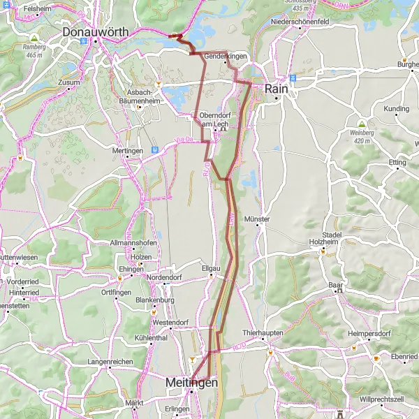 Karten-Miniaturansicht der Radinspiration "Gravel-Abenteuer von Meitingen nach Waltershofen" in Schwaben, Germany. Erstellt vom Tarmacs.app-Routenplaner für Radtouren