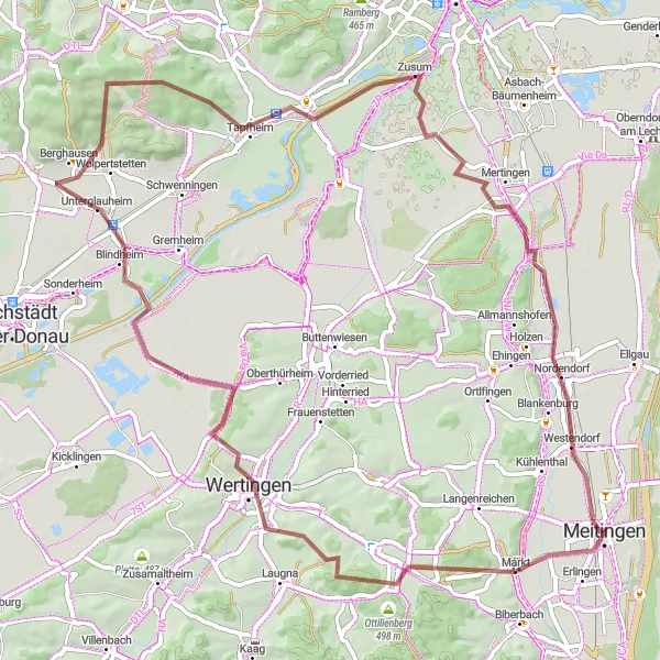 Map miniature of "Weinberg to Westendorf Gravel Ride" cycling inspiration in Schwaben, Germany. Generated by Tarmacs.app cycling route planner