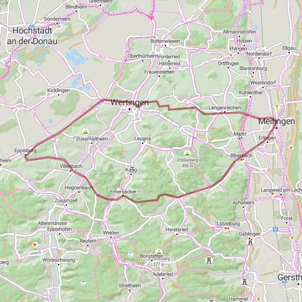 Map miniature of "Biberbach to Meitingen Gravel Loop" cycling inspiration in Schwaben, Germany. Generated by Tarmacs.app cycling route planner