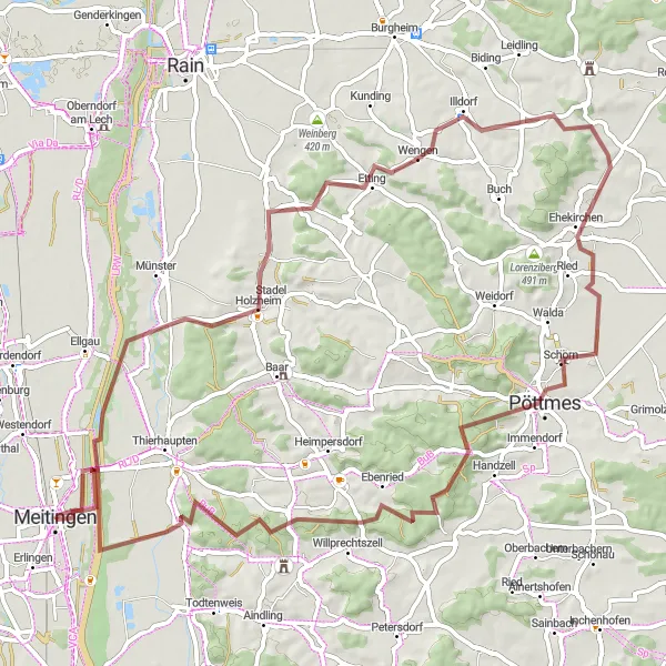 Karten-Miniaturansicht der Radinspiration "Abenteuerliche Gravel-Tour durch Holzheim, Ehekirchen und Meitingen" in Schwaben, Germany. Erstellt vom Tarmacs.app-Routenplaner für Radtouren