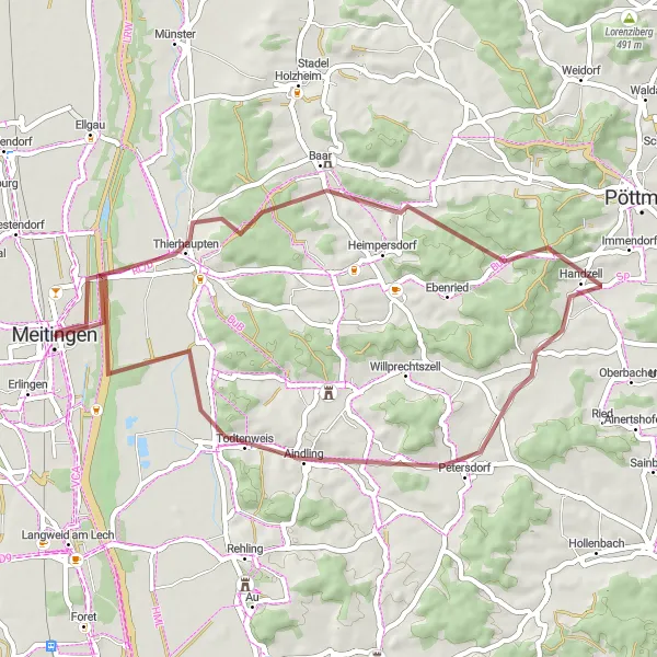 Map miniature of "Historical Gravel Tour" cycling inspiration in Schwaben, Germany. Generated by Tarmacs.app cycling route planner