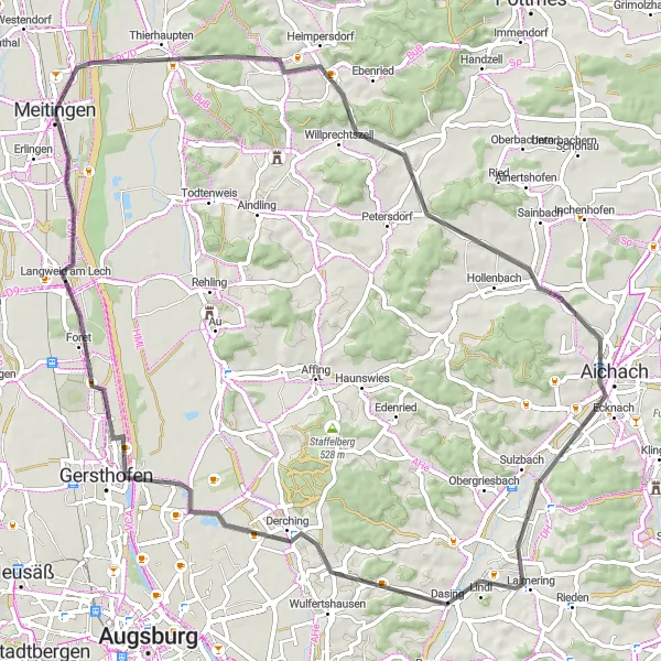 Map miniature of "Lech Valley Road Challenge" cycling inspiration in Schwaben, Germany. Generated by Tarmacs.app cycling route planner