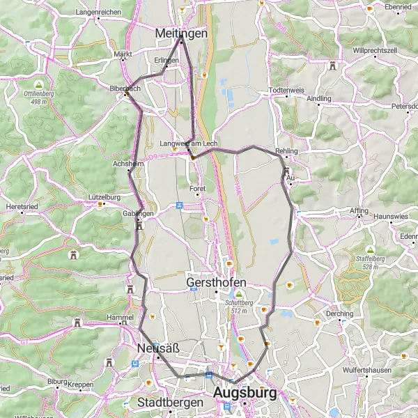 Map miniature of "Rehling to Gablingen Road Bike Route" cycling inspiration in Schwaben, Germany. Generated by Tarmacs.app cycling route planner