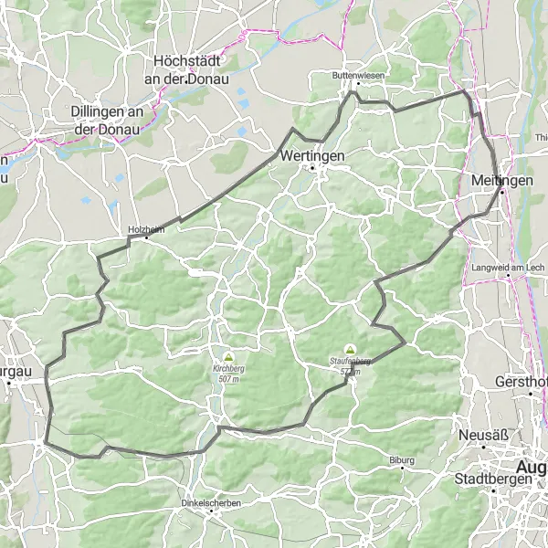 Karten-Miniaturansicht der Radinspiration "Schwaben-Rundtour von Meitingen nach Nordendorf" in Schwaben, Germany. Erstellt vom Tarmacs.app-Routenplaner für Radtouren