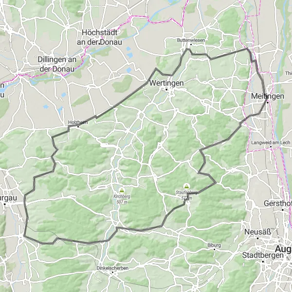 Map miniature of "Bavarian Countryside Epic Tour" cycling inspiration in Schwaben, Germany. Generated by Tarmacs.app cycling route planner