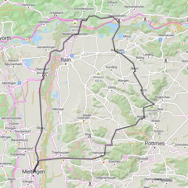 Map miniature of "Waltershofen to Thierhaupten Loop" cycling inspiration in Schwaben, Germany. Generated by Tarmacs.app cycling route planner
