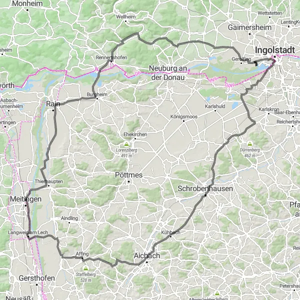 Map miniature of "Thierhaupten to Herbertshofen Road Cycling Route" cycling inspiration in Schwaben, Germany. Generated by Tarmacs.app cycling route planner