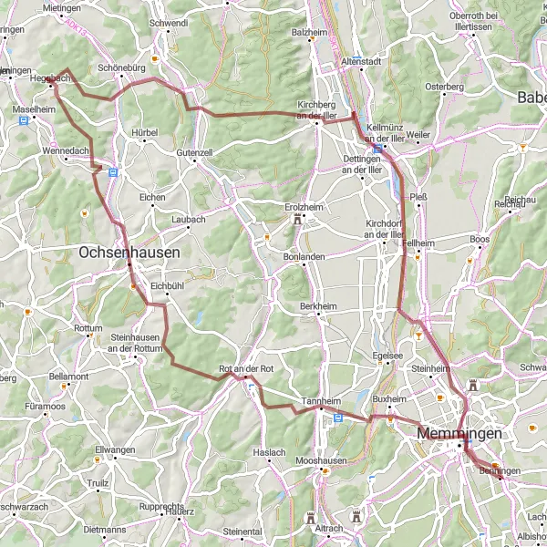 Map miniature of "Gravel Route: Memmingen - Kellmünz an der Iller Loop" cycling inspiration in Schwaben, Germany. Generated by Tarmacs.app cycling route planner