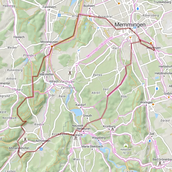 Map miniature of "Gravel Route: Memmingen - Mooshausen Loop" cycling inspiration in Schwaben, Germany. Generated by Tarmacs.app cycling route planner