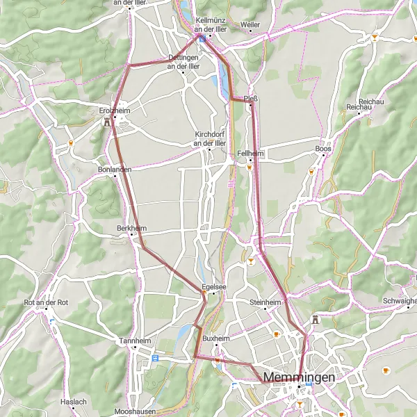 Map miniature of "Gravel Route: Memmingen - Dettingen an der Iller Loop" cycling inspiration in Schwaben, Germany. Generated by Tarmacs.app cycling route planner